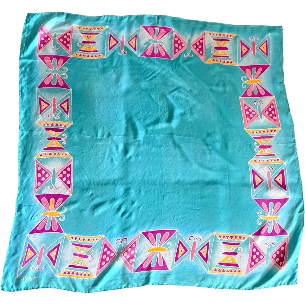 Vintage 1970s Hand Painted Sylyn Silk Scarf Turquoise Butterfly 35” Rolled Edges